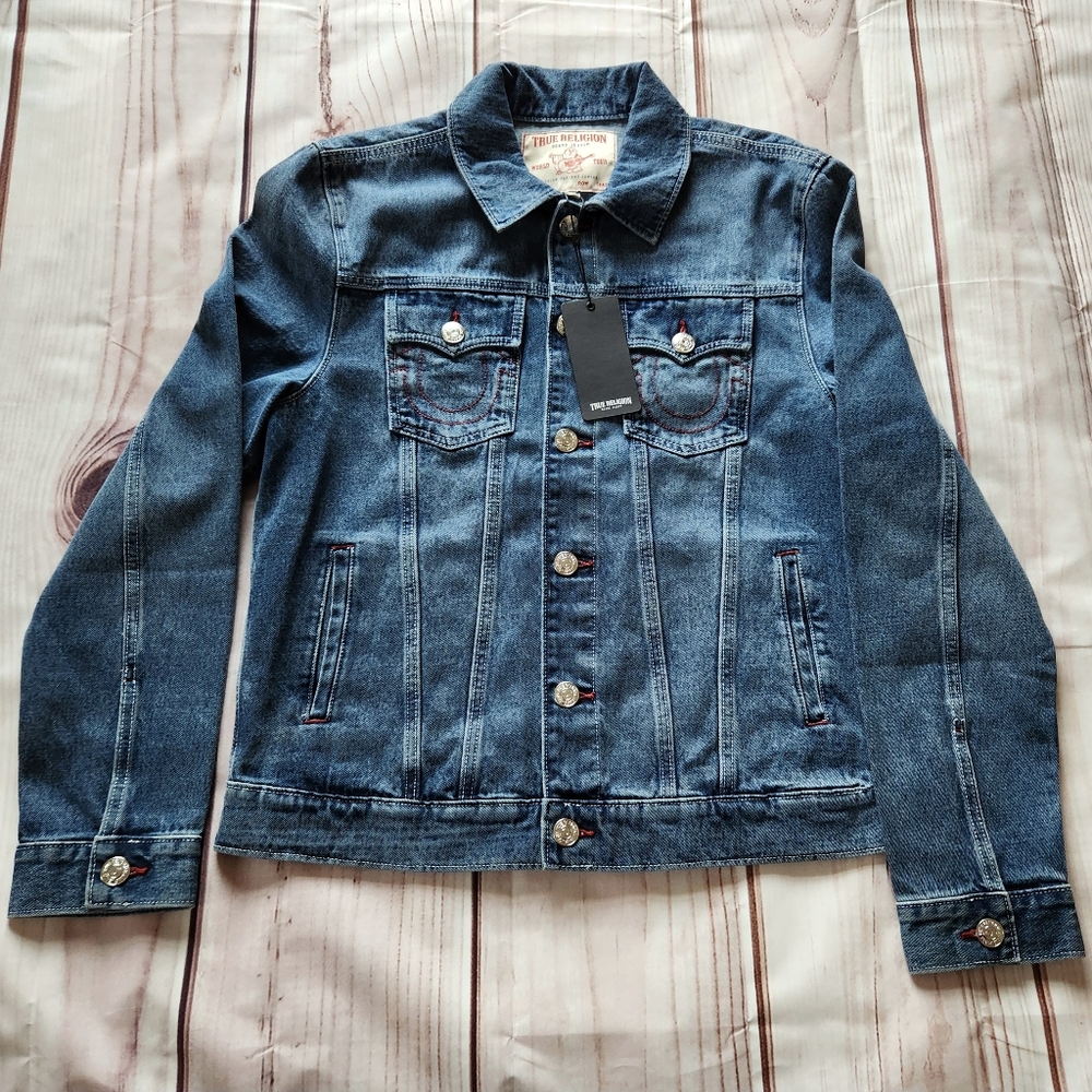 NWT True Religion "Jesse SN Trucker Jacket" Storm Wash Blue Denim | Men's Size M - Picture 2 of 12